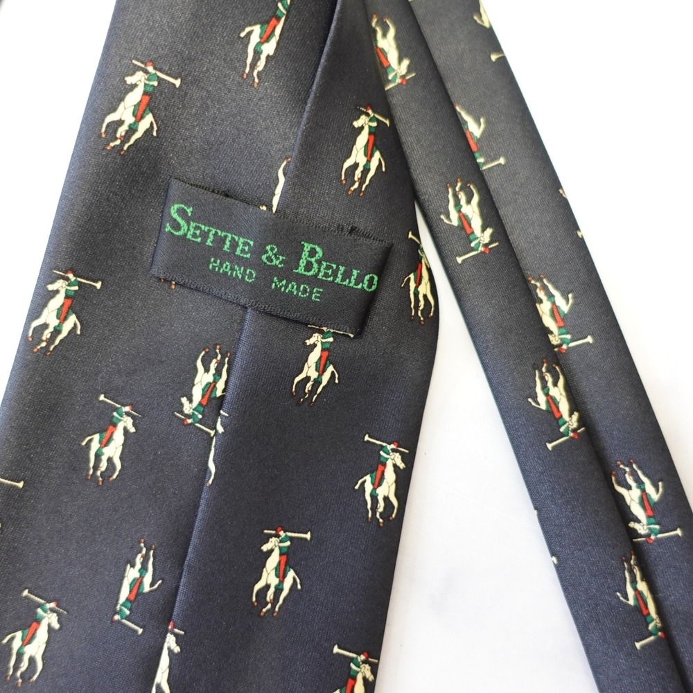 Vintage 90s Sette & Bello Necktie Mens OS Blue Equestrian Polo Horse Silk